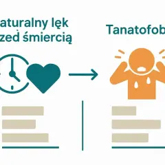 Naturalny lęk przed śmiercią może przerodzić się w tanatofobię, czyli paniczny strach. Grafika pokazuje przejście od symbolu zegara i serca do przerażonej postaci.