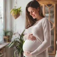Uśmiechnięta ciężarna kobieta trzyma dłonie na brzuchu. Dba o zdrowie dziecka, przyjmując kwas foliowy metylowany.