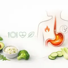 Zdrowa dieta z awokado, ryżem i warzywami pomoże na zgagę. Grafika przedstawia żołądek z płomieniem i ikonki zdrowia.