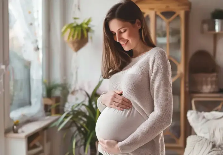 Uśmiechnięta ciężarna kobieta trzyma dłonie na brzuchu. Dba o zdrowie dziecka, przyjmując kwas foliowy metylowany.