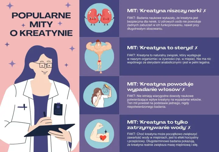 Kreatyna nie niszczy nerek, nie jest sterydem, nie powoduje wypadania włosów ani tylko zatrzymywania wody. To naturalny suplement wspierający masę i siłę mięśni.