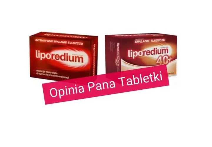 Dwa opakowania Liporedium, suplementu diety na odchudzanie. Na pierwszym planie różowy pasek z napisem "Opinia Pana Tabletki".