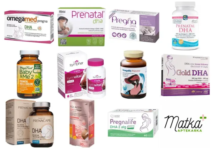 Suplementy z DHA dla kobiet w ciąży i karmiących: Pregna DHA, Gold DHA, Symvital, Prenatal DHA, Omegamed, Baby & Me 2, Prenacaps, Equazen Mumomega, Pregnalife.