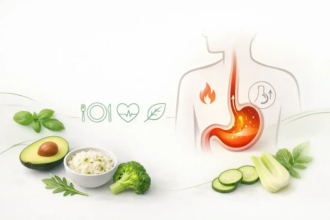Zdrowa dieta z awokado, ryżem i warzywami pomoże na zgagę. Grafika przedstawia żołądek z płomieniem i ikonki zdrowia.